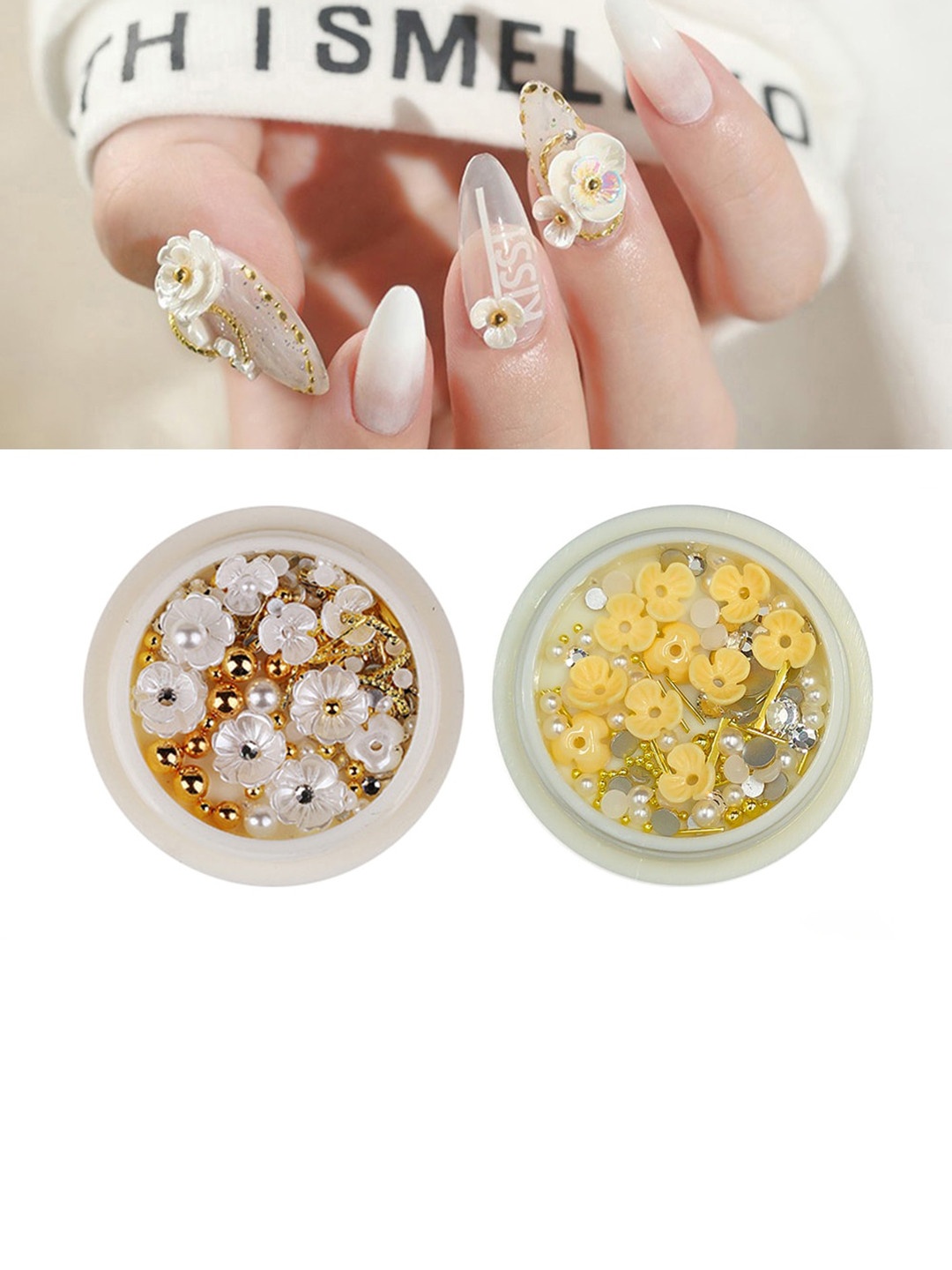 

S.A.V.I. Set Of 2 Rivet Rhinestone Resin Shell Flower & Beads Nail Art Accessories, Yellow