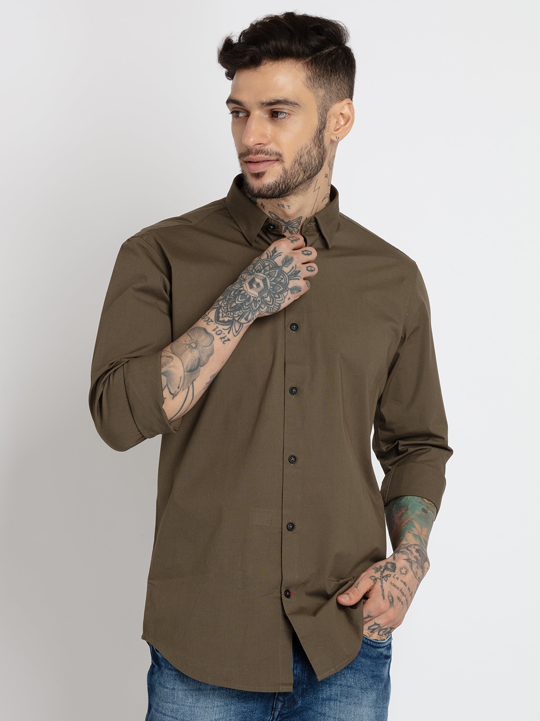 

Status Quo Men Standard Slim Fit Casual Cotton Shirt, Olive