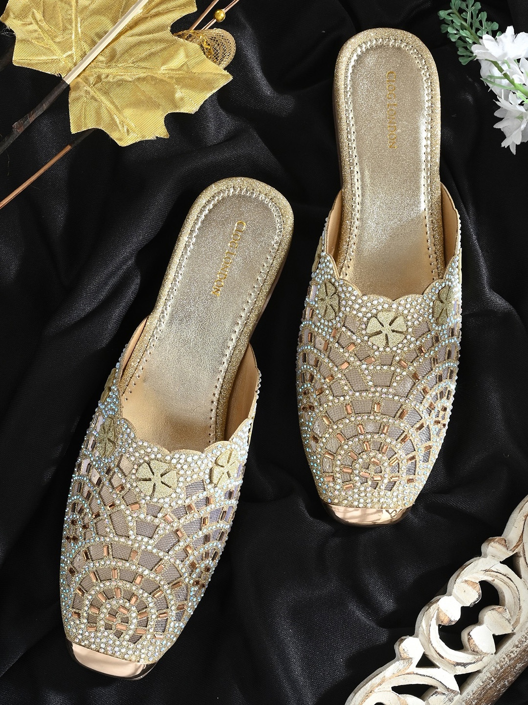 

CLOG LONDON Embellished Ethnic Block Mules Heels, Gold