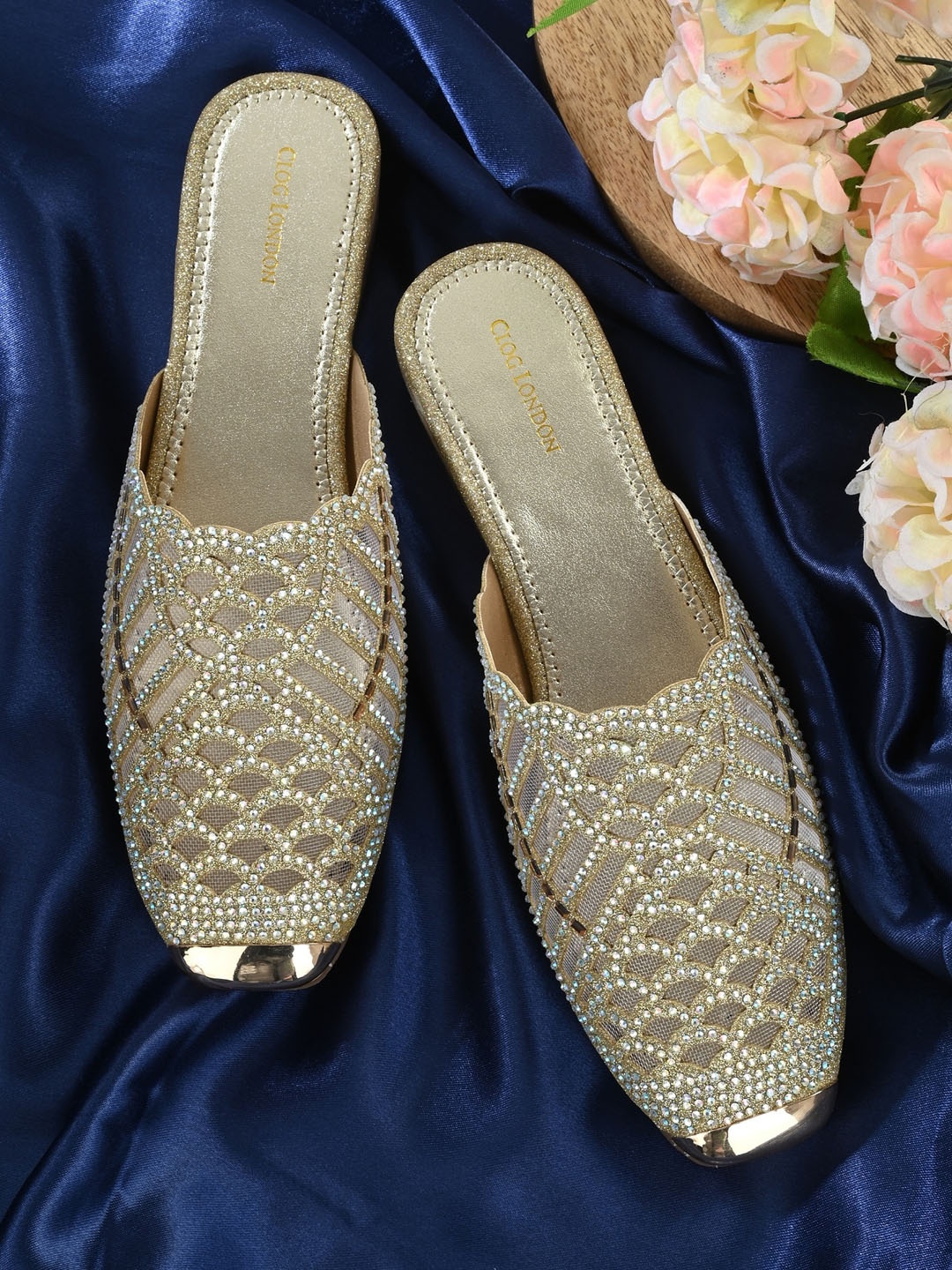 

CLOG LONDON Embellished Ethnic Block Mules Heels, Gold