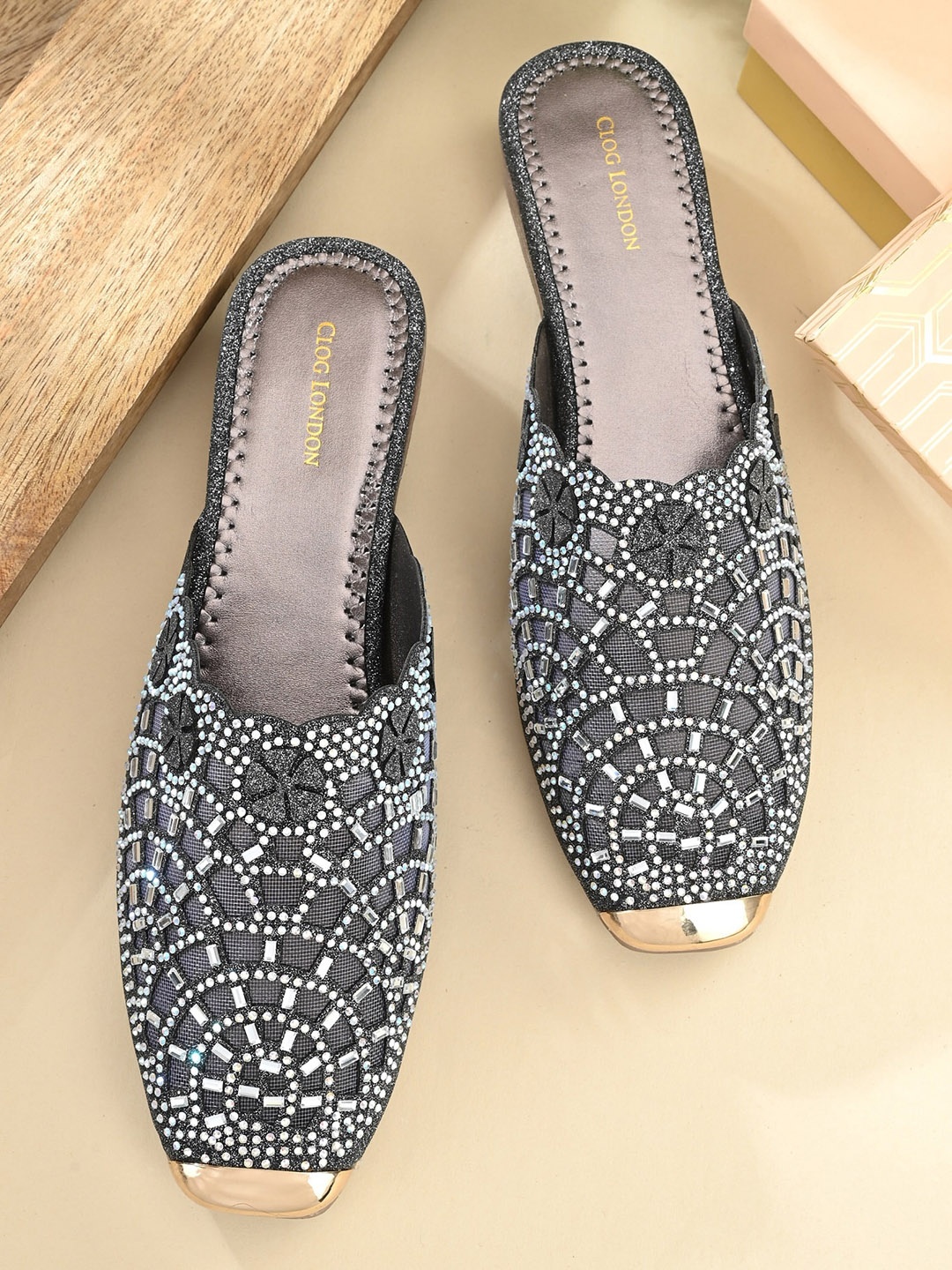 

CLOG LONDON Embellished Ethnic Block Mules Heels, Grey