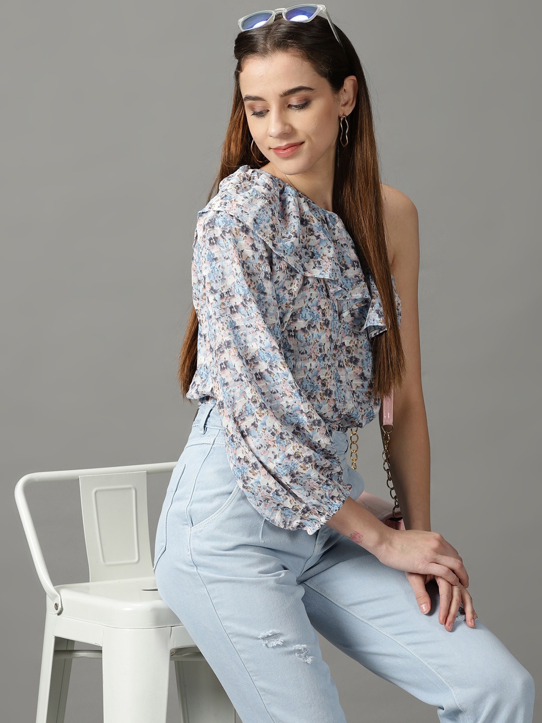 

SHOWOFF Floral Print One Shoulder Ruffles Chiffon Top, Blue