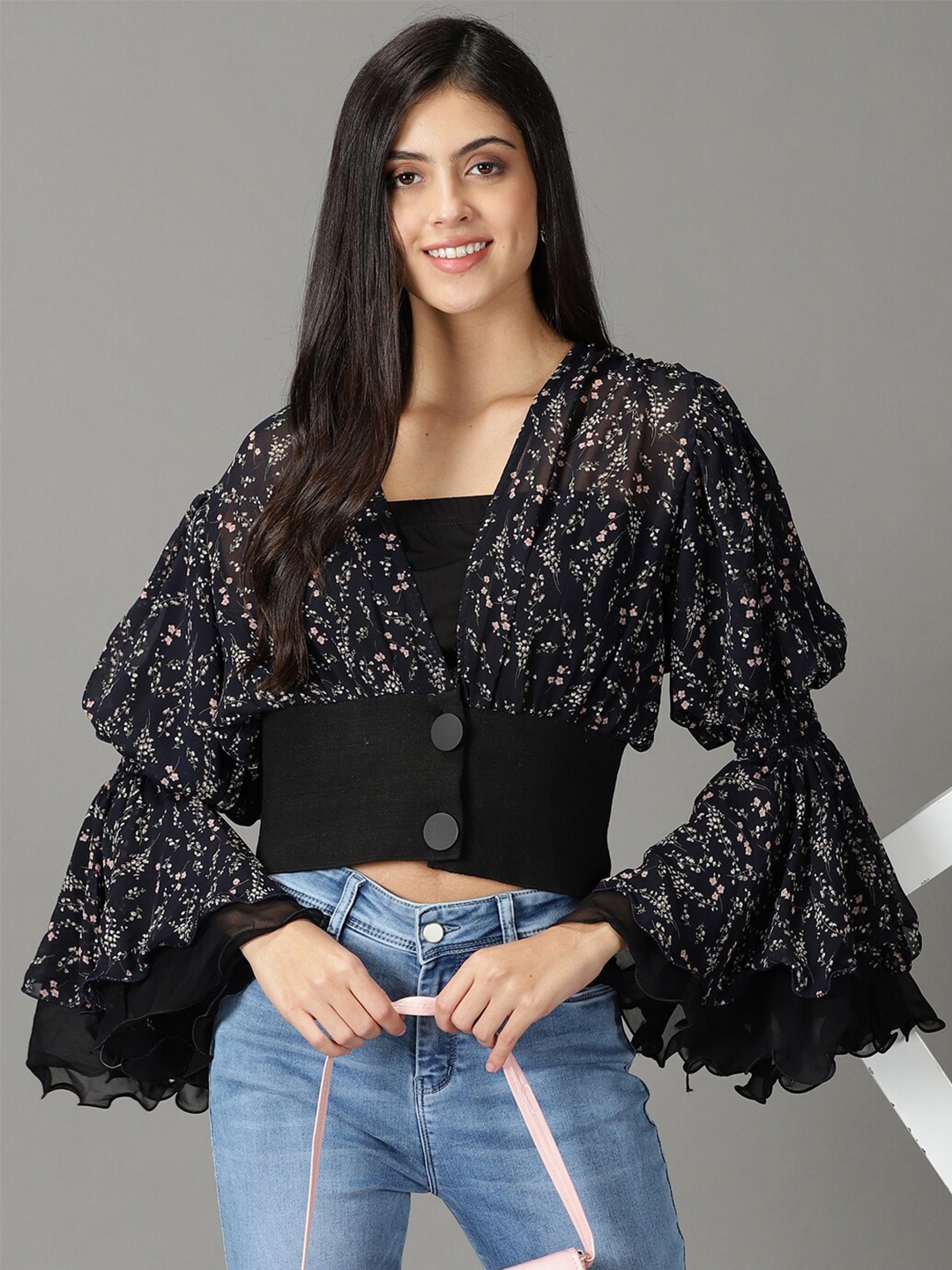 

SHOWOFF Floral Print Crop Top, Black