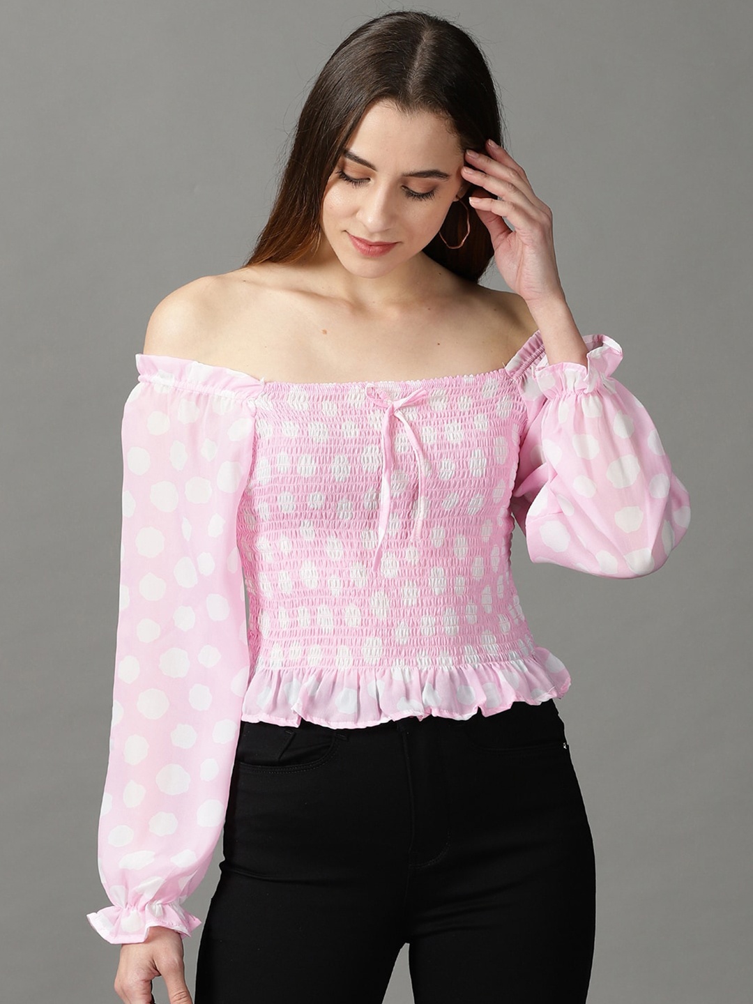 

SHOWOFF Pink Print Off-Shoulder Chiffon Bardot Top