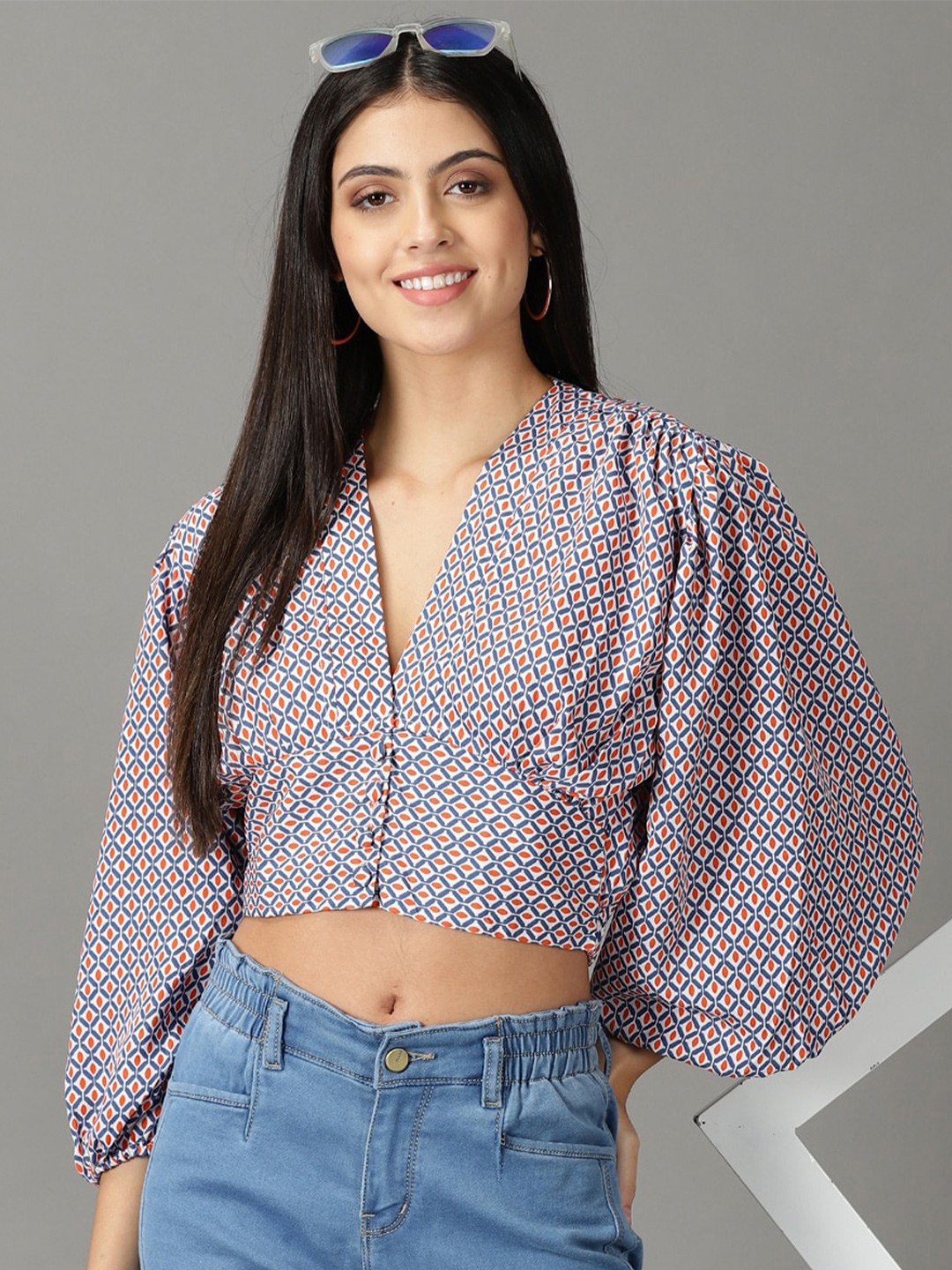 

SHOWOFF Navy Geometric Print Crop Top, Navy blue