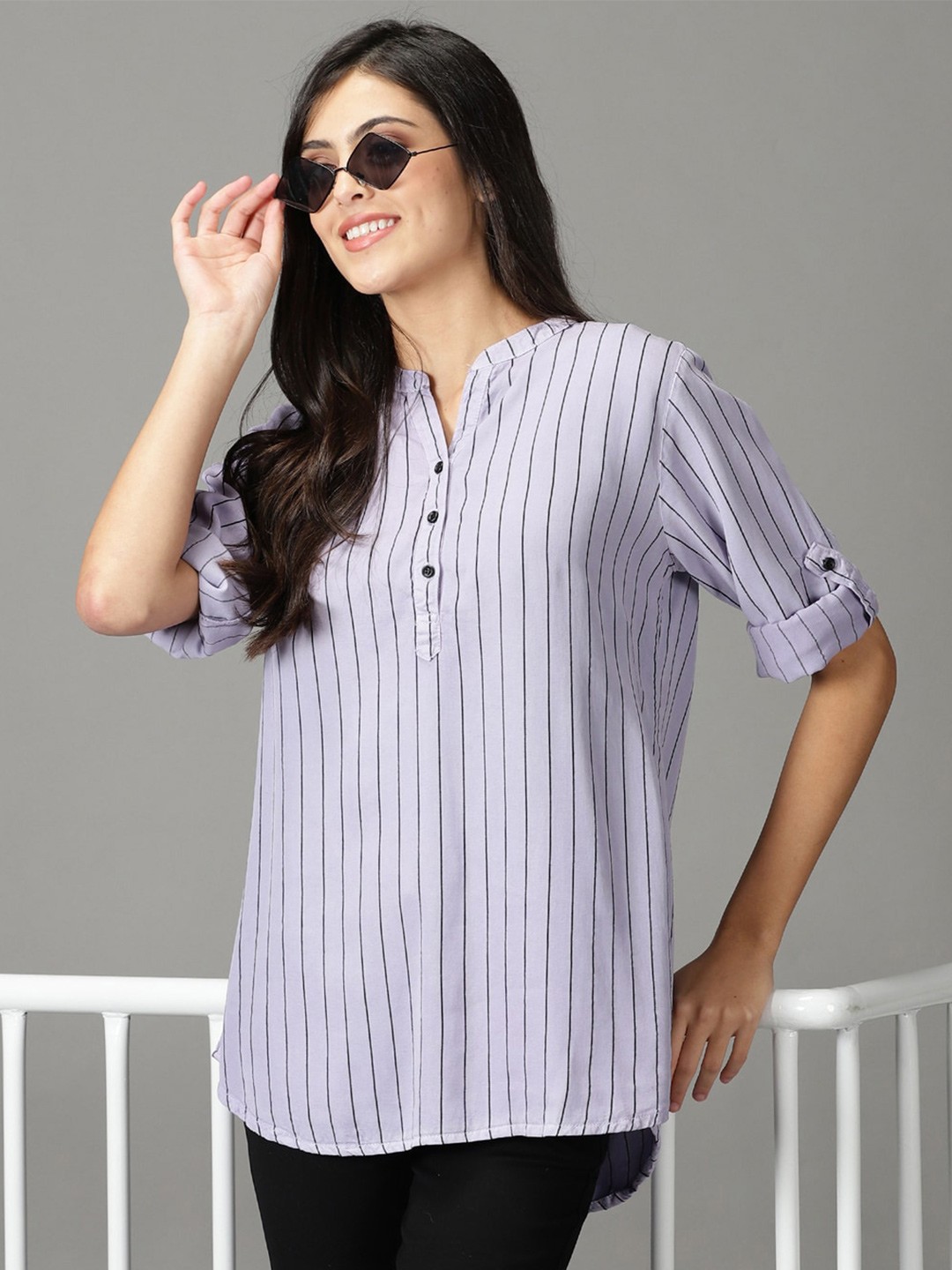 

SHOWOFF Striped Mandarin Collar Roll-Up Sleeves Shirt Style Top, Lavender