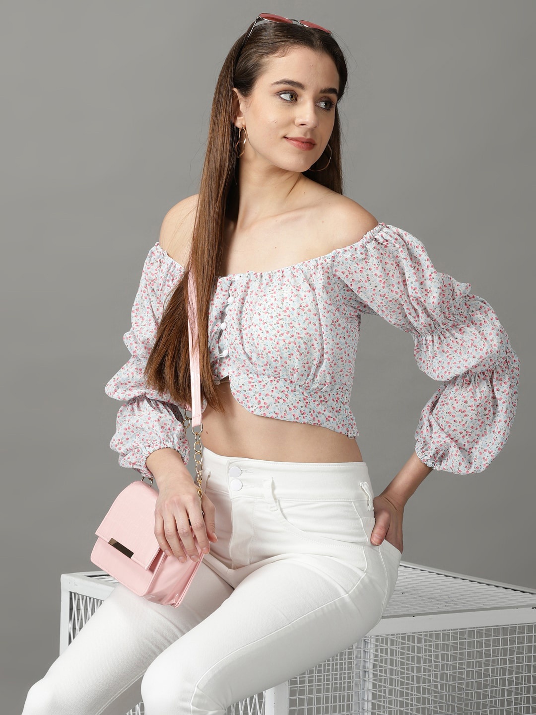 

SHOWOFF Floral Print Off-Shoulder Chiffon Bardot Crop Top, White