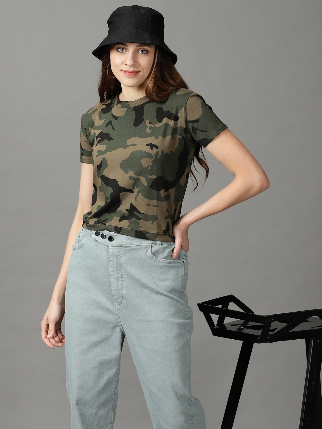 

SHOWOFF Short Sleeves Round Neck Printed Top, Taupe