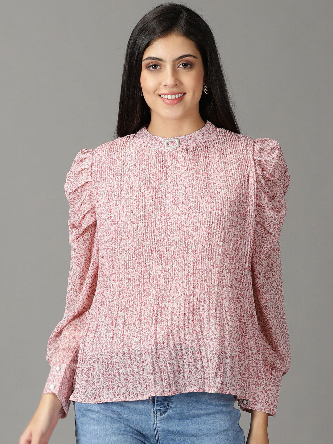 

SHOWOFF Floral Print Mandarin Collar Accordion Pleats Top, Pink