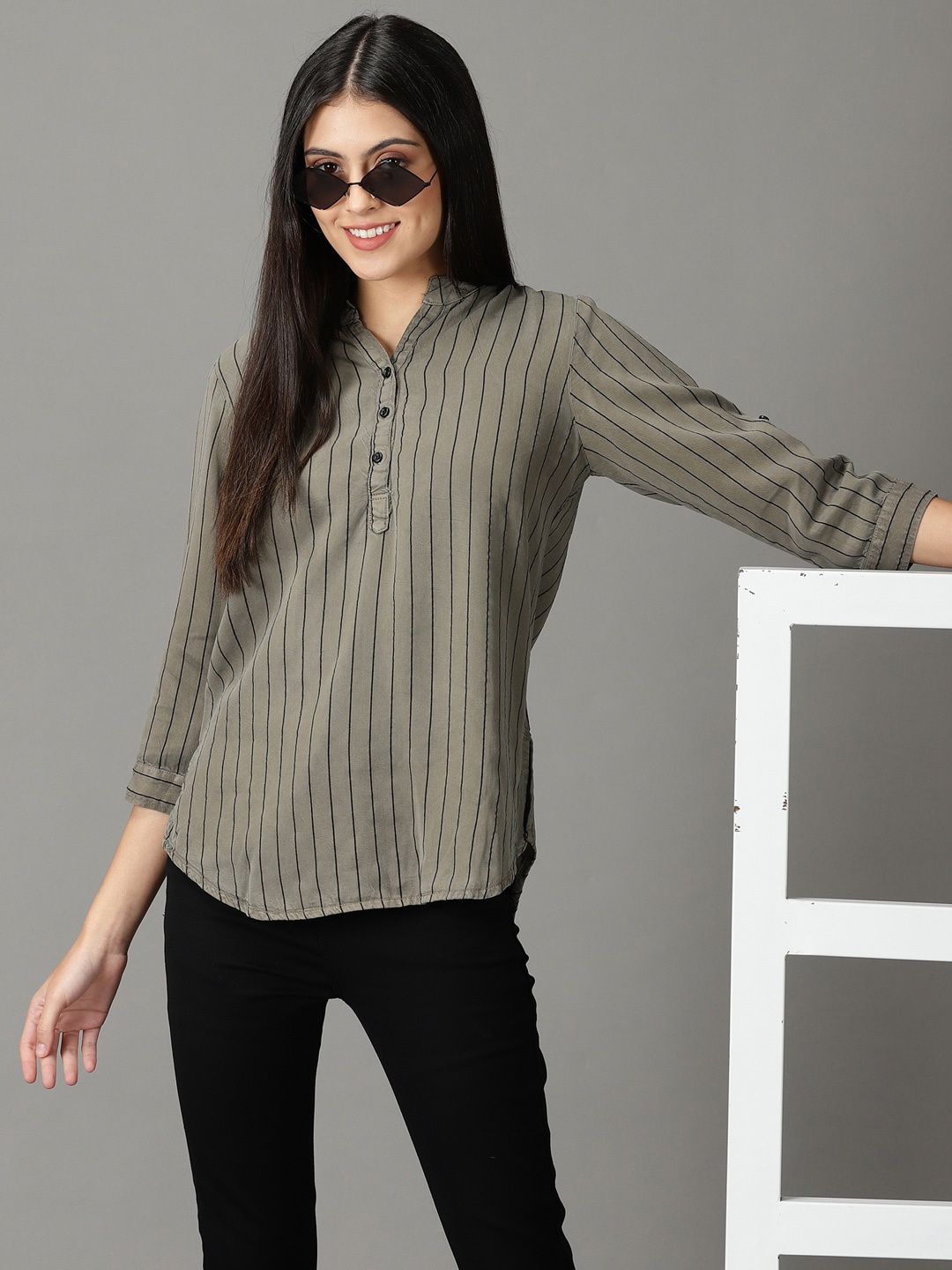 

SHOWOFF Striped Mandarin Collar Shirt Style Top, Grey