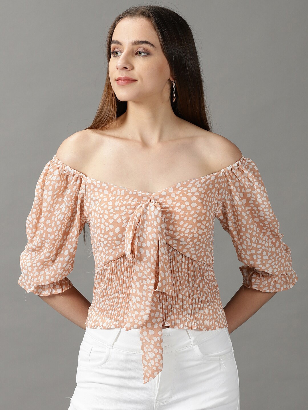 

SHOWOFF Abstract Print Off-Shoulder Bardot Top, Nude