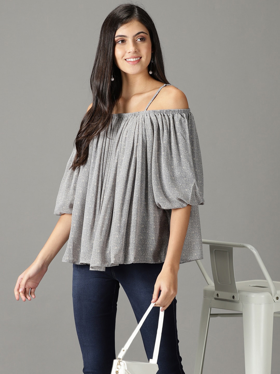 

SHOWOFF Off-Shoulder Bohemian Chiffon Bardot Top, Grey