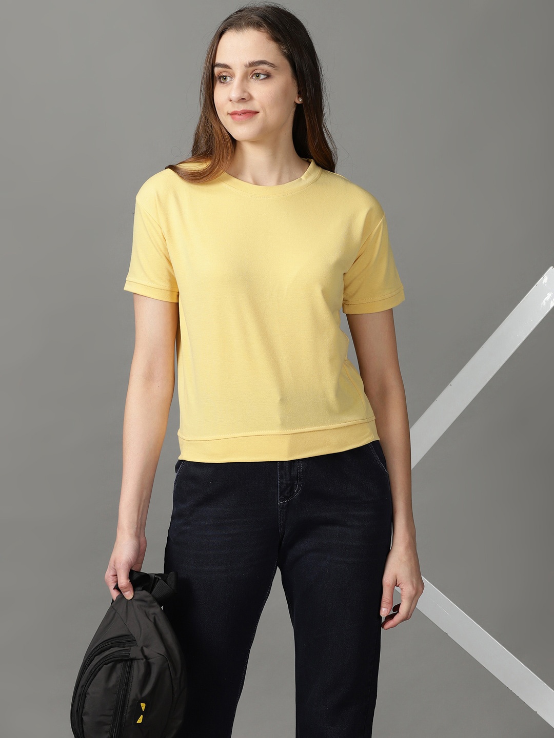 

SHOWOFF Women Solid Round Neck Cotton T-shirt, Yellow