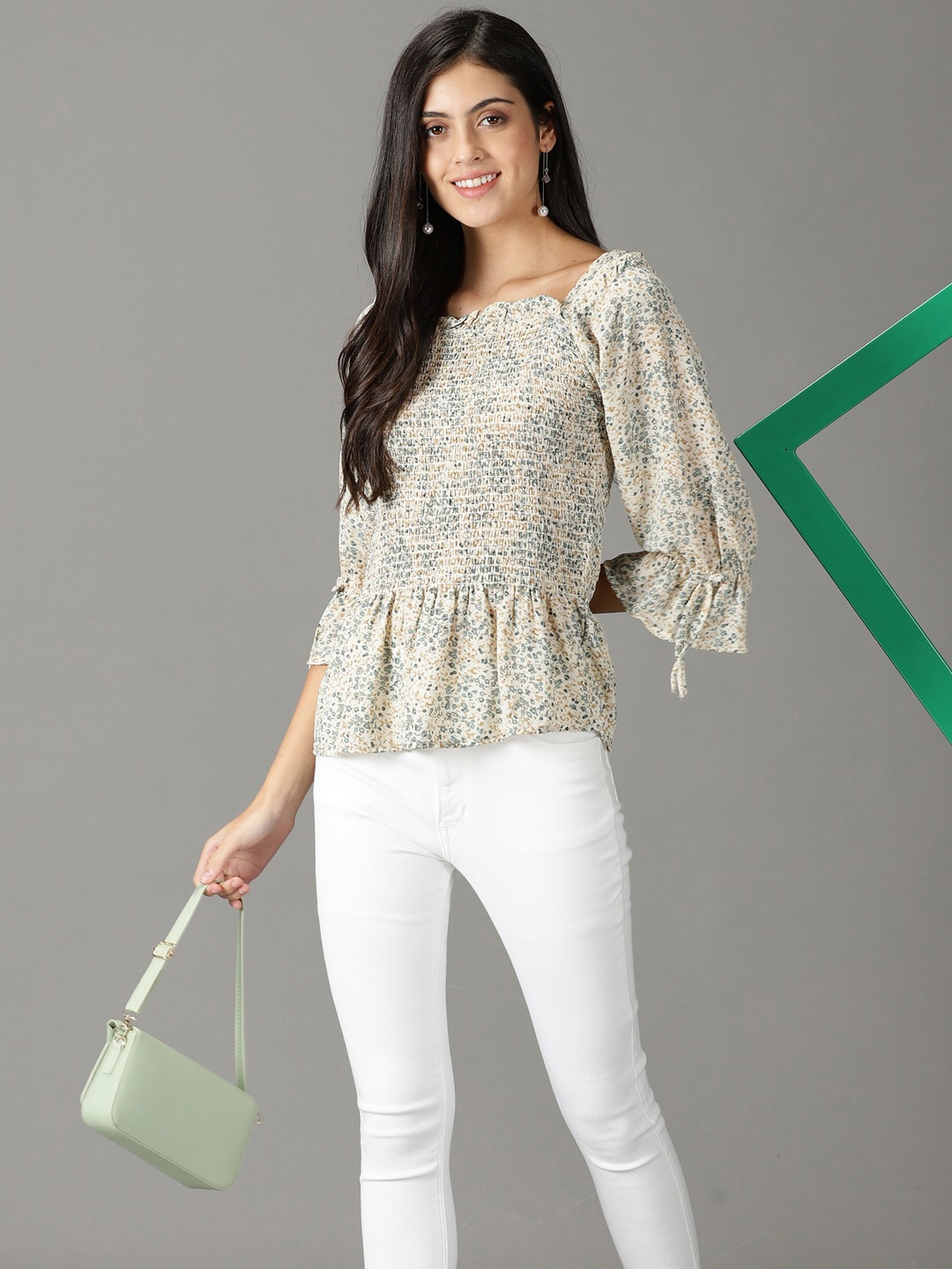 

SHOWOFF Floral Printed Square Neck Peplum Top, Off white