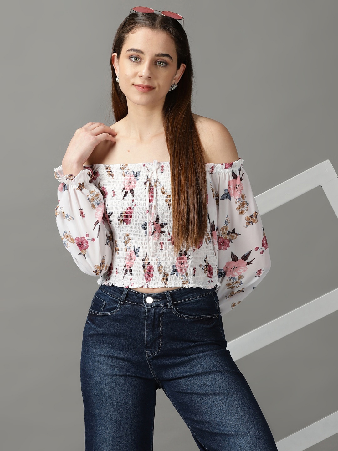 

SHOWOFF Floral Print Off-Shoulder Chiffon Crop Top, White