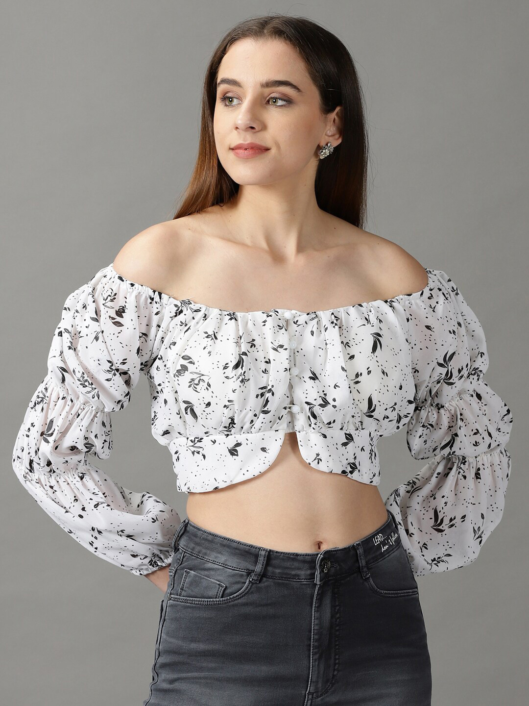 

SHOWOFF White Floral Print Off-Shoulder Bardot Crop Top