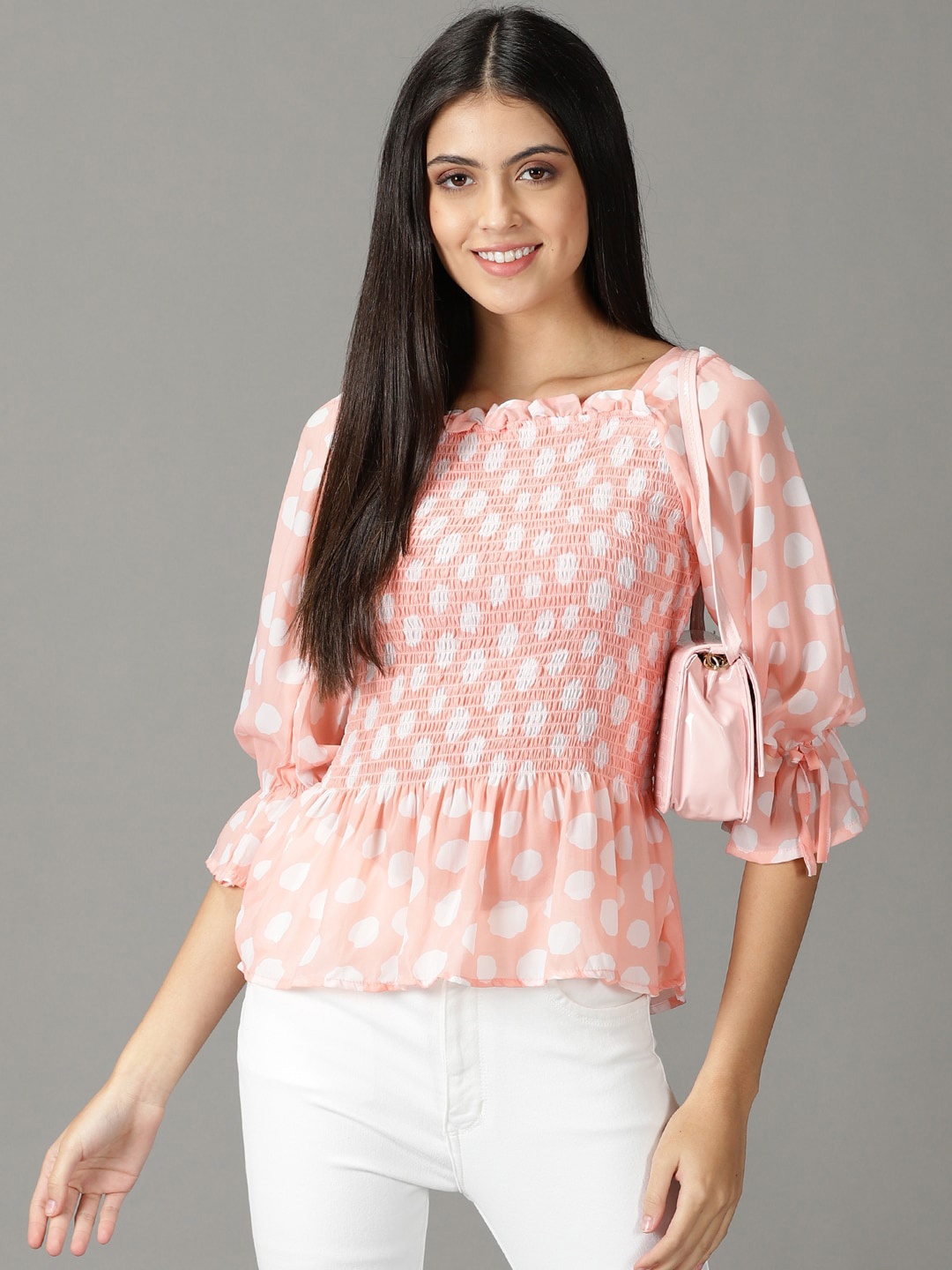 

SHOWOFF Polka dots Print Peplum Top, Peach