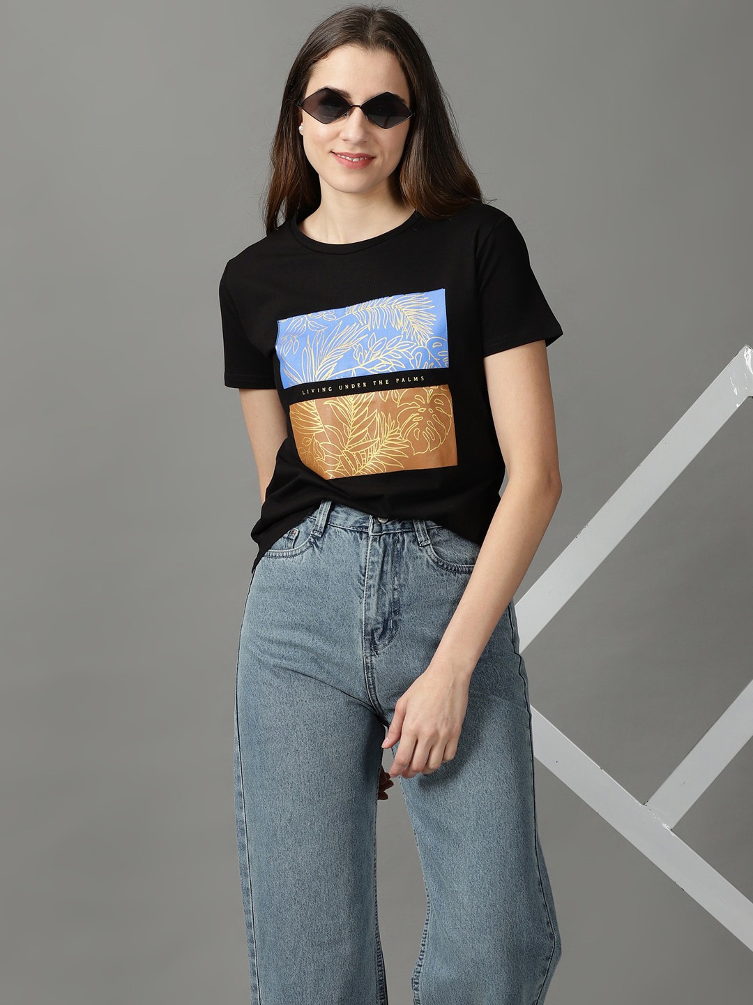 

SHOWOFF Women Floral Printed Tropical Cotton T-shirt, Black