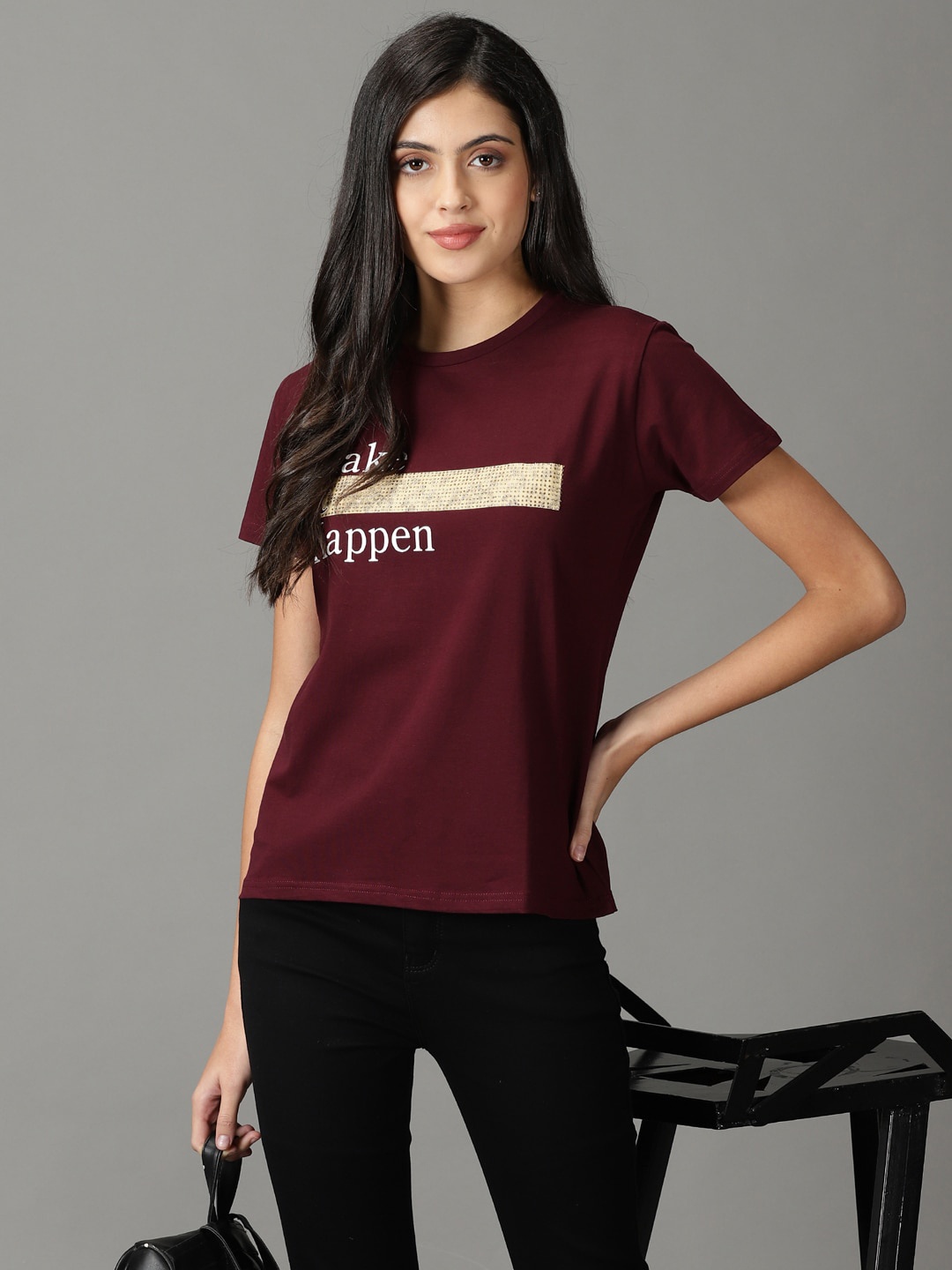

SHOWOFF Women Typography Printed Cotton T-shirt, Burgundy