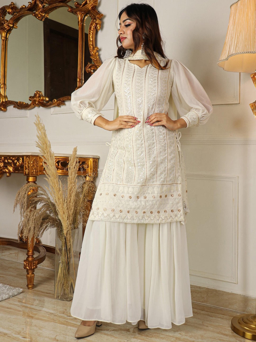 

Virah Fashion Women Floral Embroidered Sequinned Kurta with Sharara & With Dupatta, White
