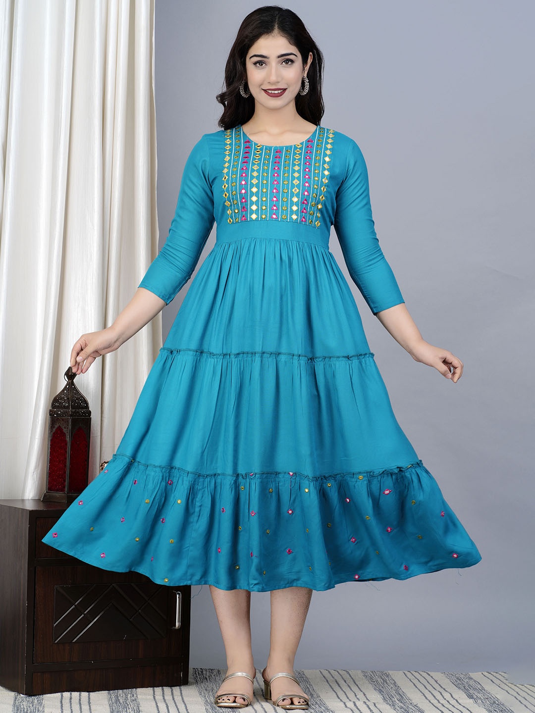 

KALINI Embroidered Fit And Flare Midi Dress, Teal