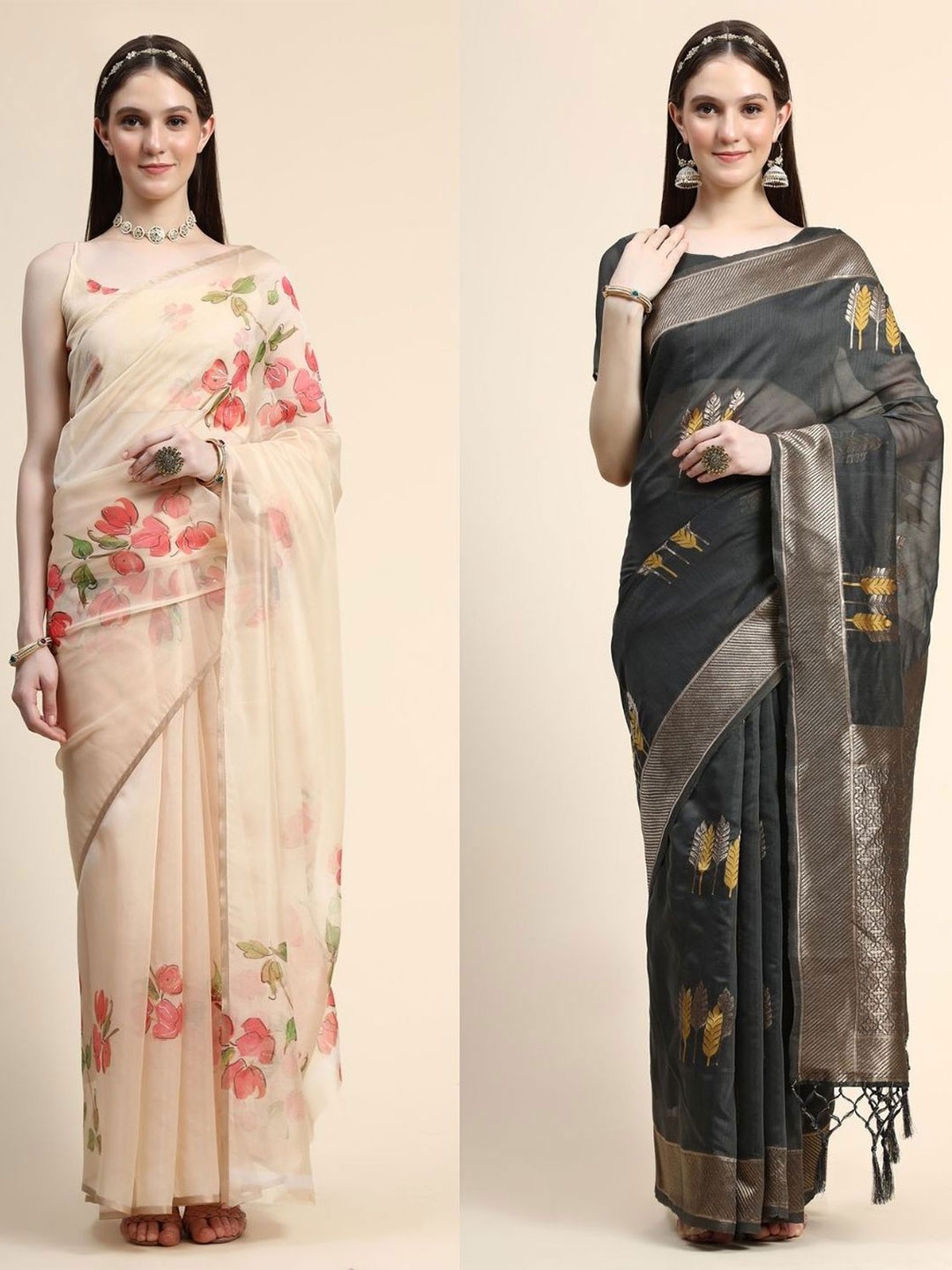 

AVANSHEE Pack of 2 Floral Zari Silk Blend Saree, White