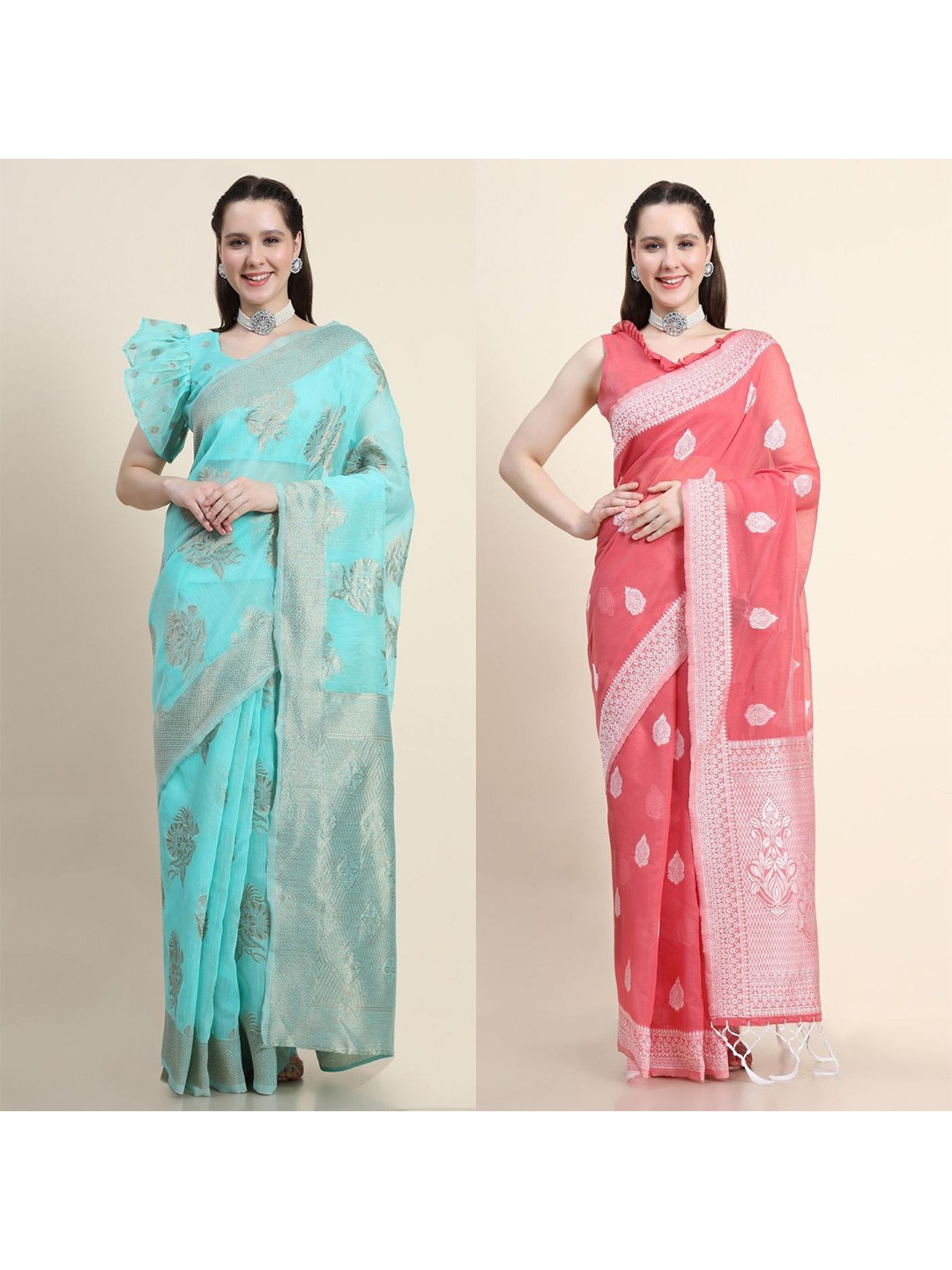 

AVANSHEE Pack Of 2 Woven Design Zari Sarees, Turquoise blue