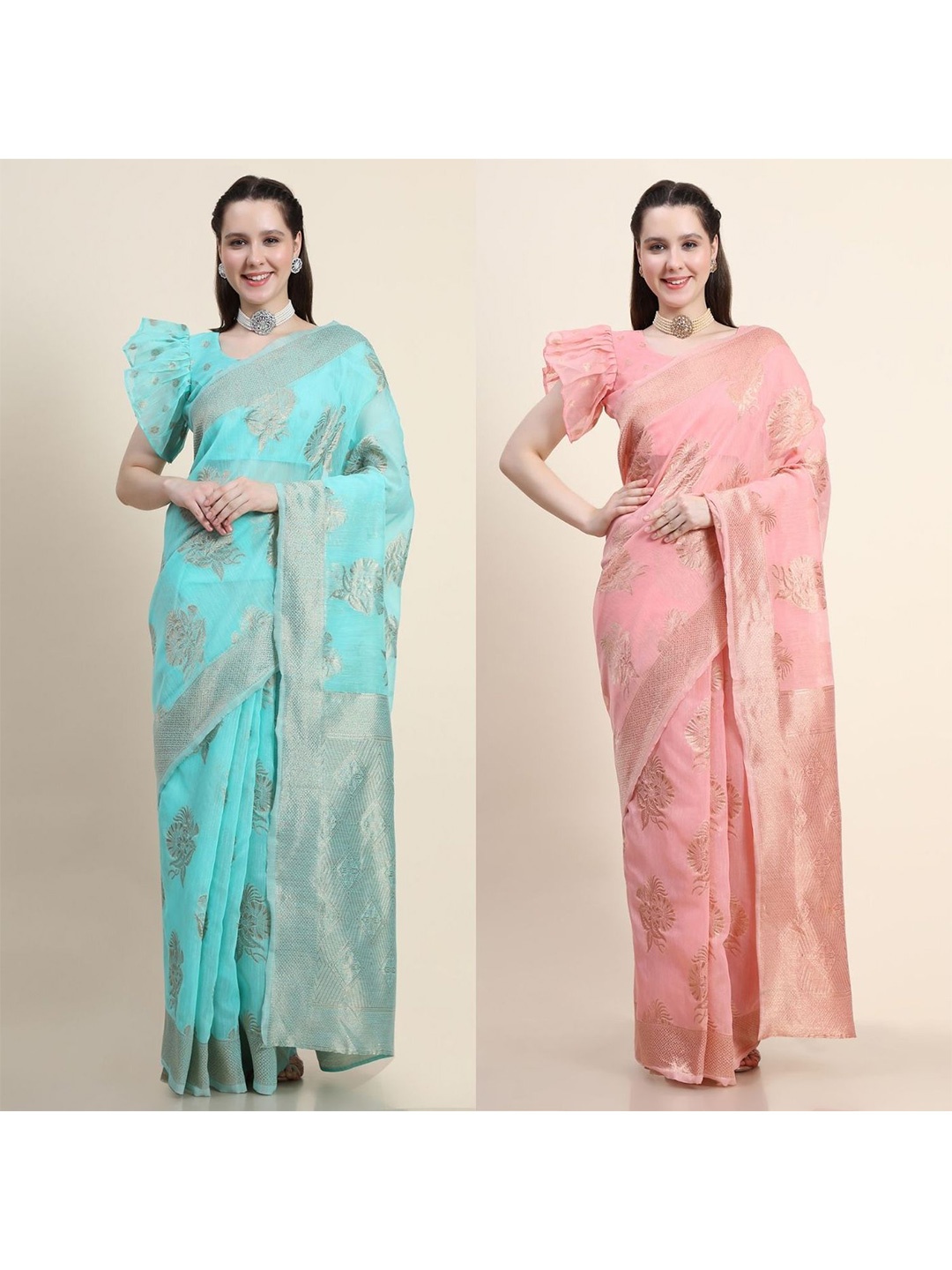 

AVANSHEE Pack of 2 Ethnic Motifs Zari Silk Blend Saree, Pink