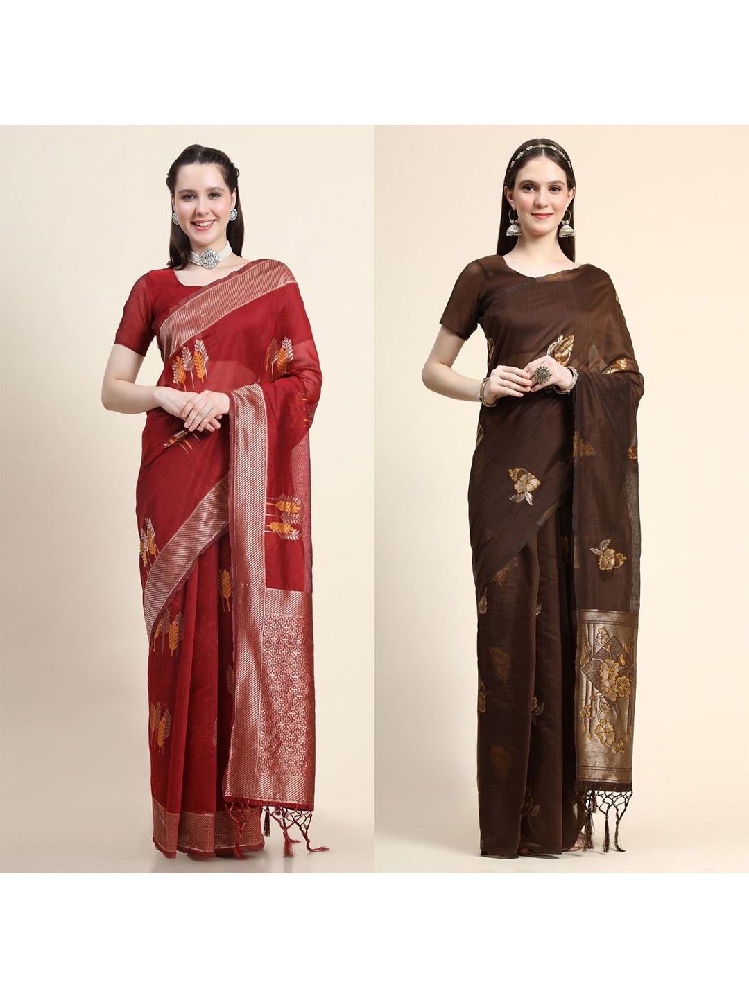 

AVANSHEE Pack of 2 Ethnic Motifs Zari Silk Blend Saree, Maroon