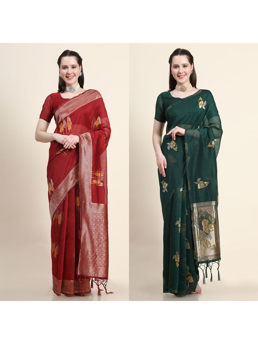 

AVANSHEE Green & Red Woven Design Zari Silk Blend Saree