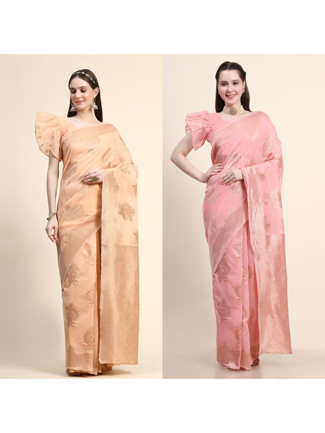 

AVANSHEE Pack of 2 Ethnic Motifs Zari Silk Blend Saree, Peach