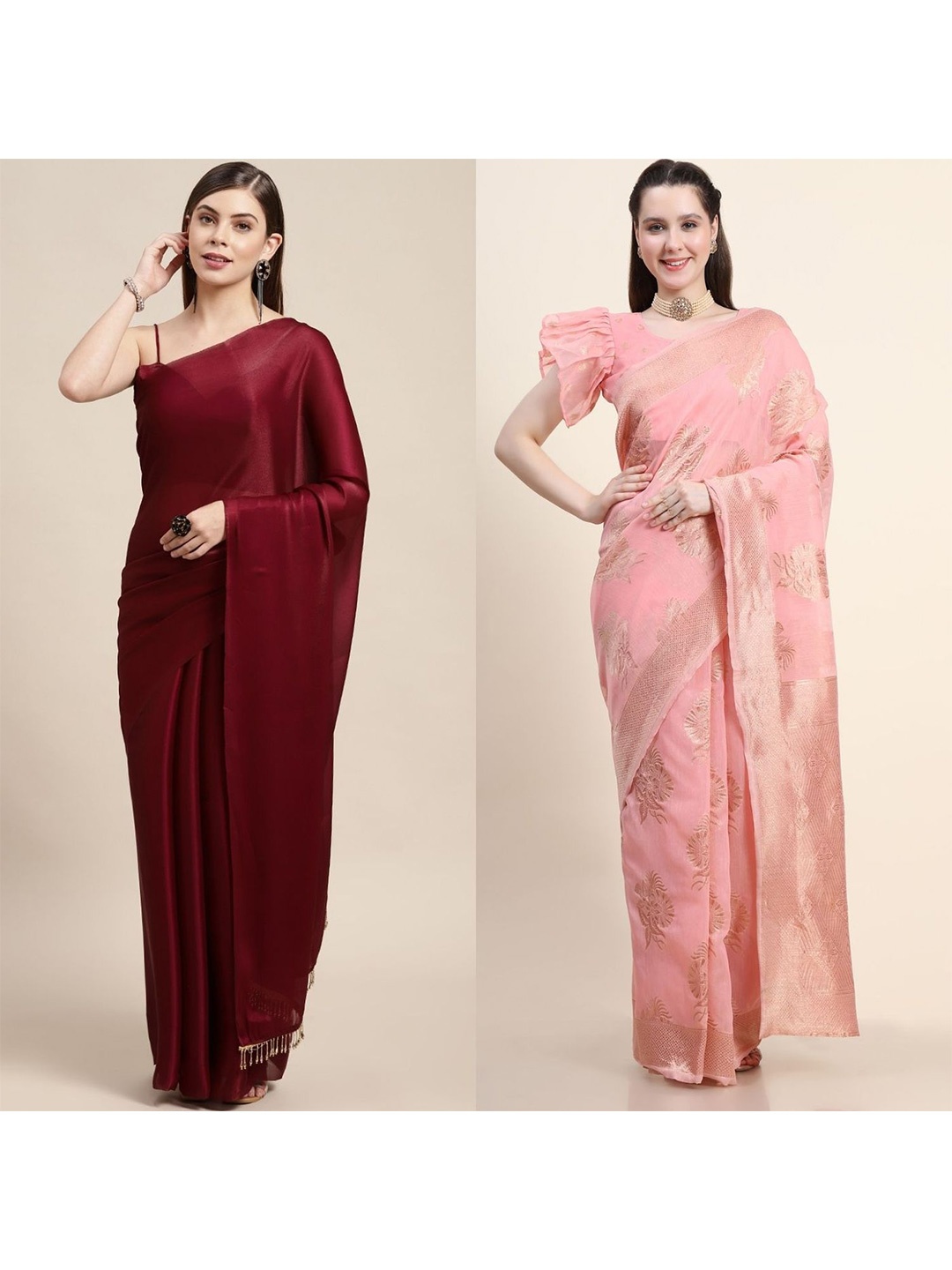 

AVANSHEE Pack Of 2 Woven Design Zari Sarees, Pink