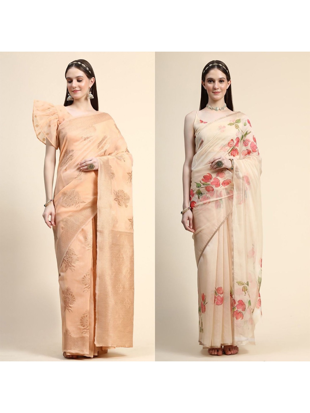 

AVANSHEE Pack of 2 Woven Design Silk Blend Saree, Cream