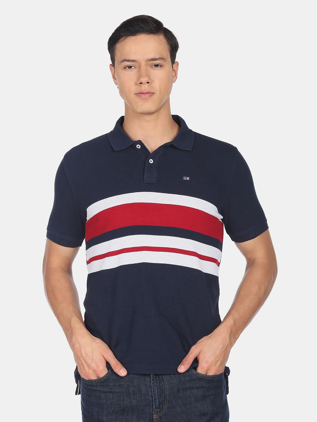 

Arrow Sport Men Striped Cotton Polo Collar T-shirt, Navy blue