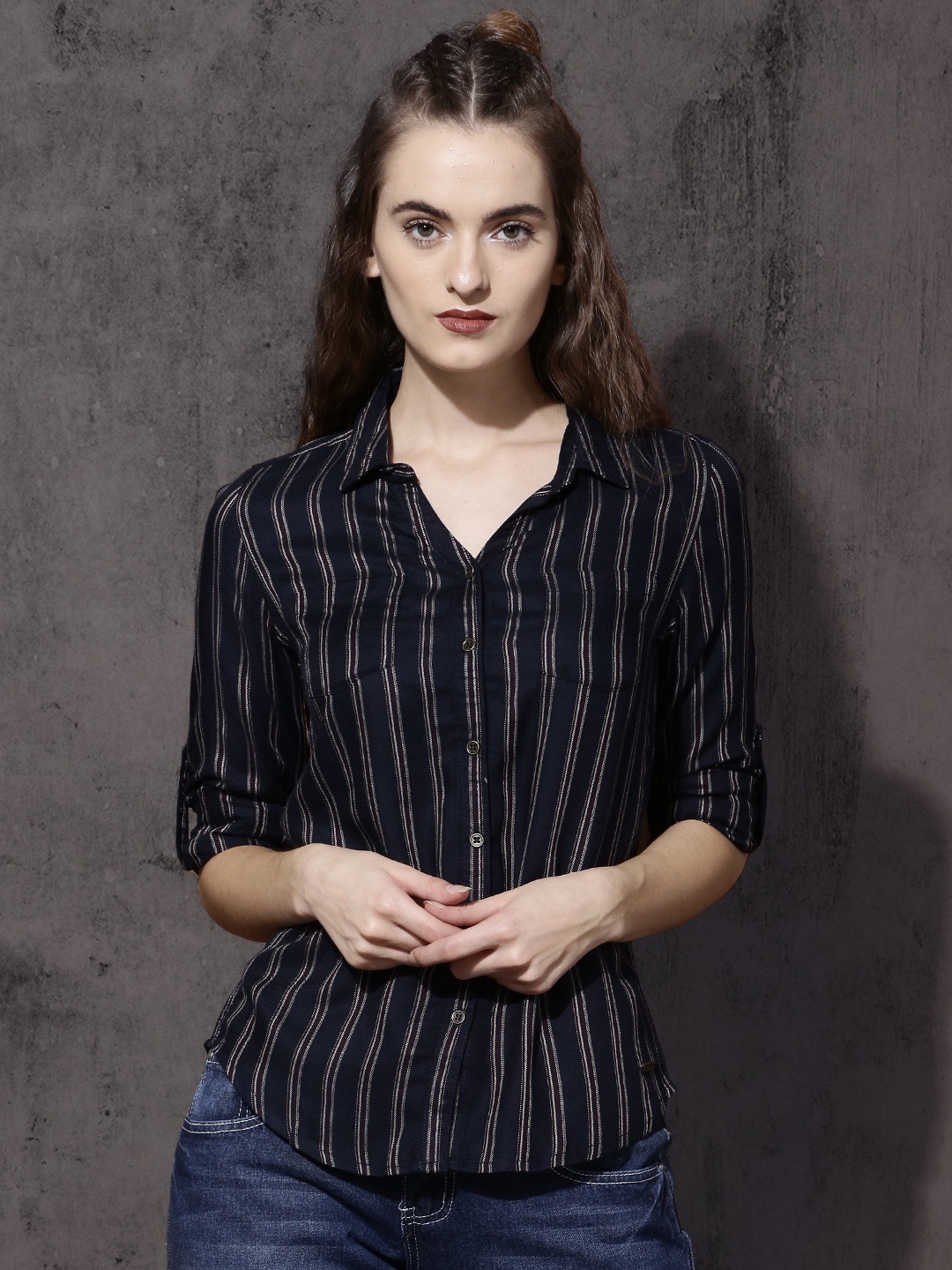 

Roadster Women Navy Blue & Burgundy Regular Fit Striped Casual Shirt