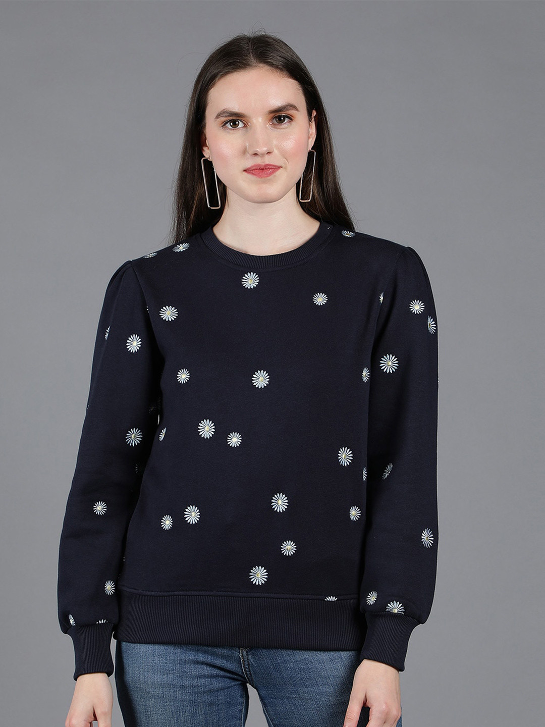 

Nimble Women Printed Round Neck Sweatshirt, Navy blue