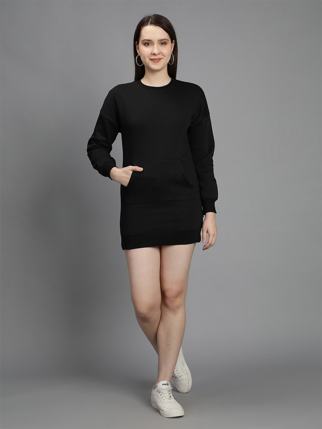 

Nimble Women Round Neck Longline Sweatshirt, Black