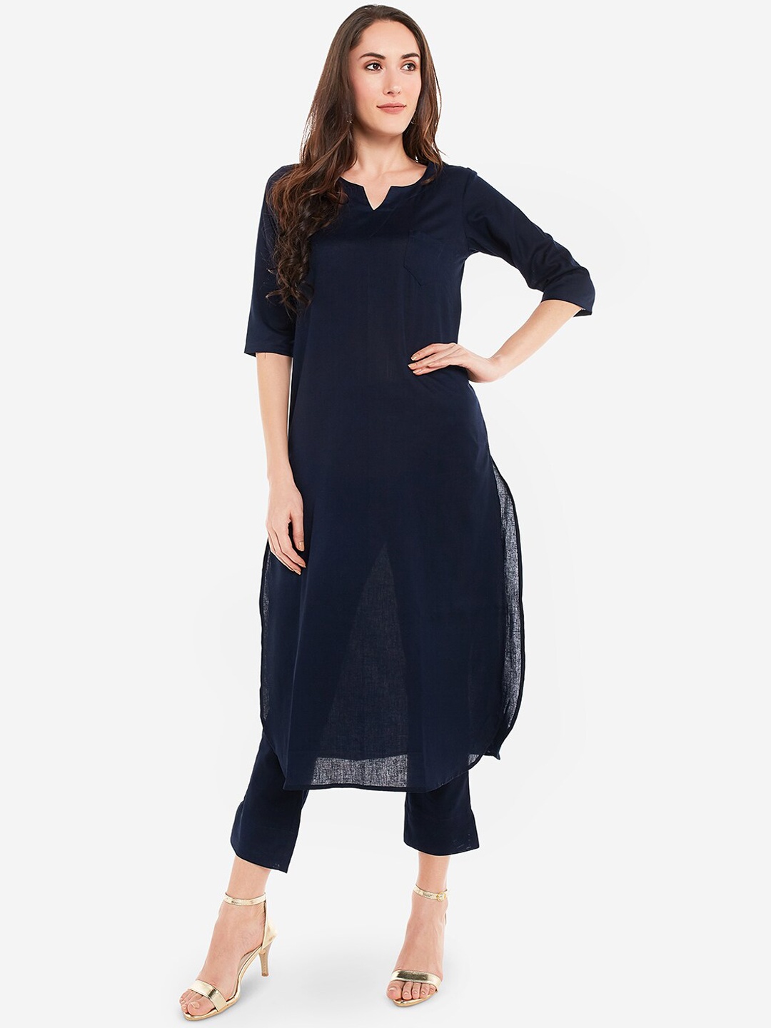 

Desi Weavess Women Notched Neck Kurta with Trousers, Navy blue