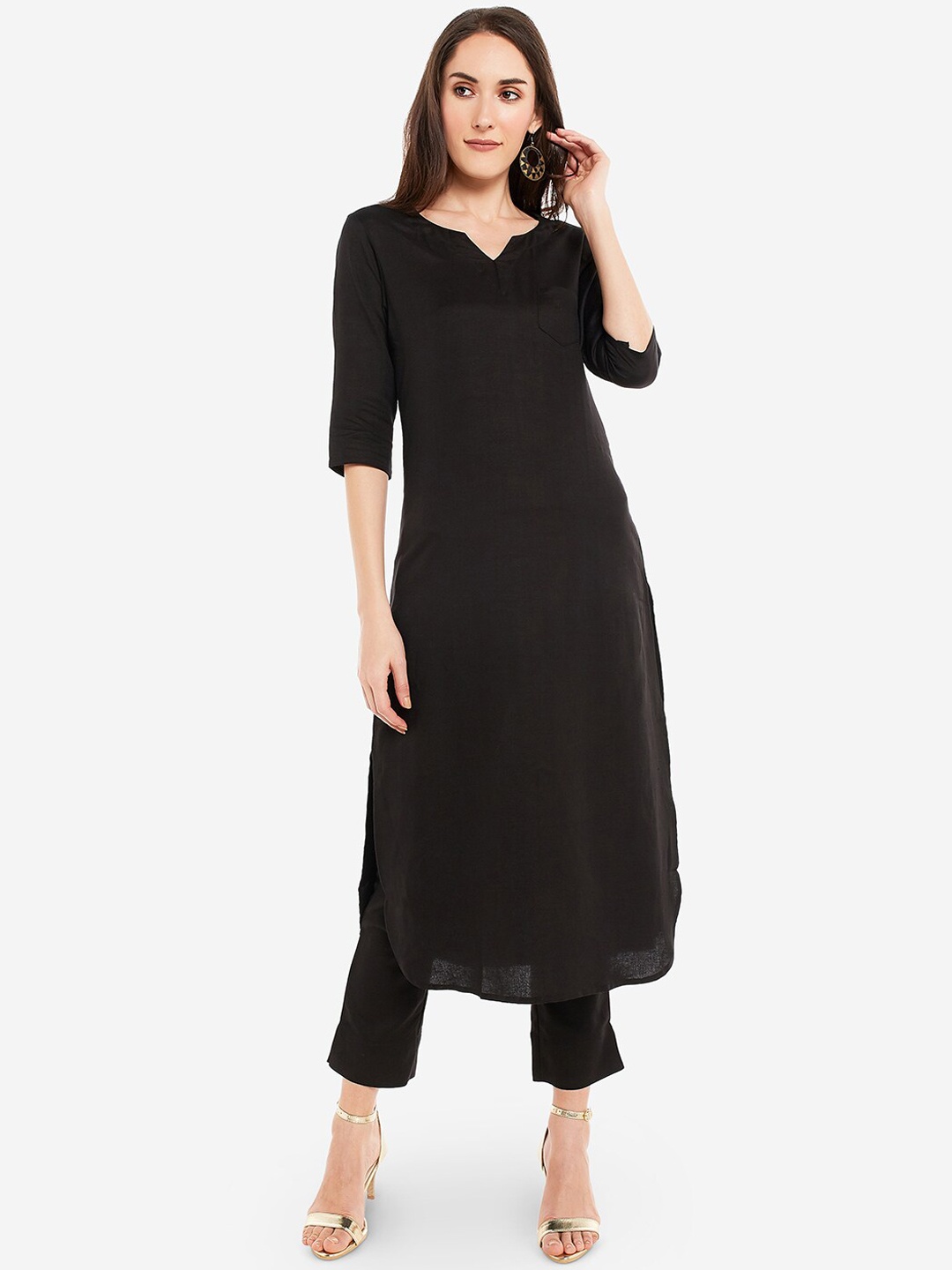 

Desi Weavess Women Notched Neck Kurta with Trousers, Black