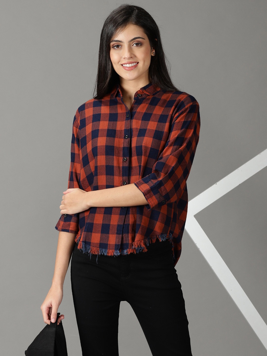 

SHOWOFF Women Boxy Buffalo Checks Oversized Cotton Casual Shirt, Rust