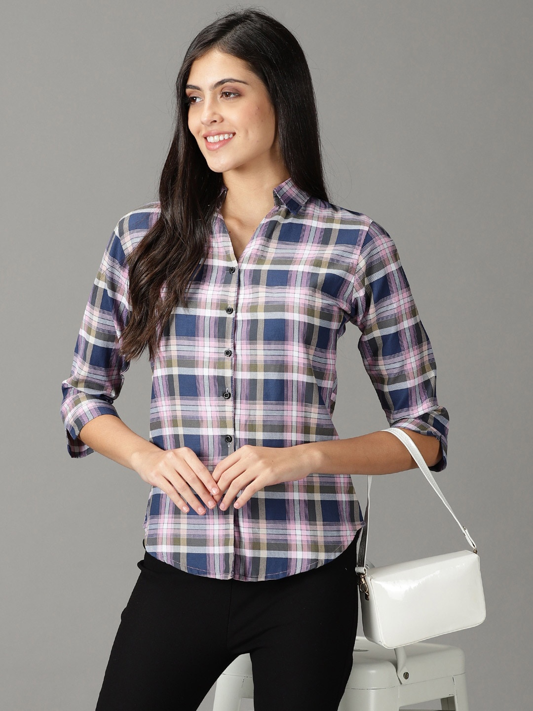 

SHOWOFF Women Tartan Checks Casual Cotton Shirt, Pink