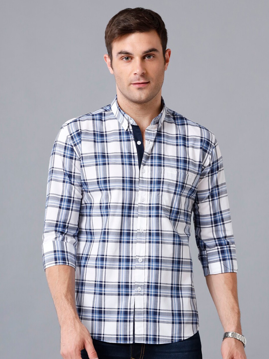 

YOVISH Men Tartan Checked Cotton Premium Slim Fit Casual Shirt, White