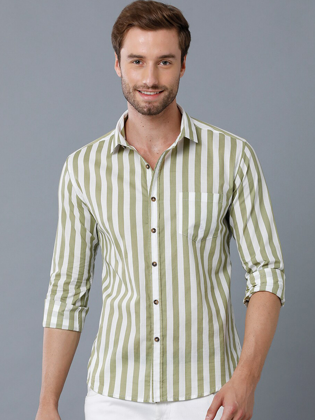 

YOVISH Men Slim Fit Striped Casual Cotton Shirt, Lime green
