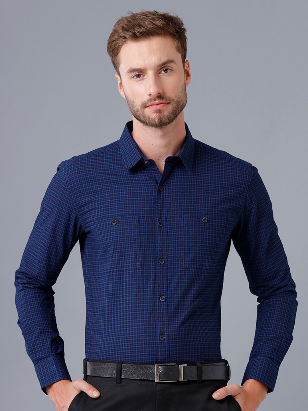 

YOVISH Men Premium Slim Fit Micro Checks Formal Cotton Shirt, Navy blue