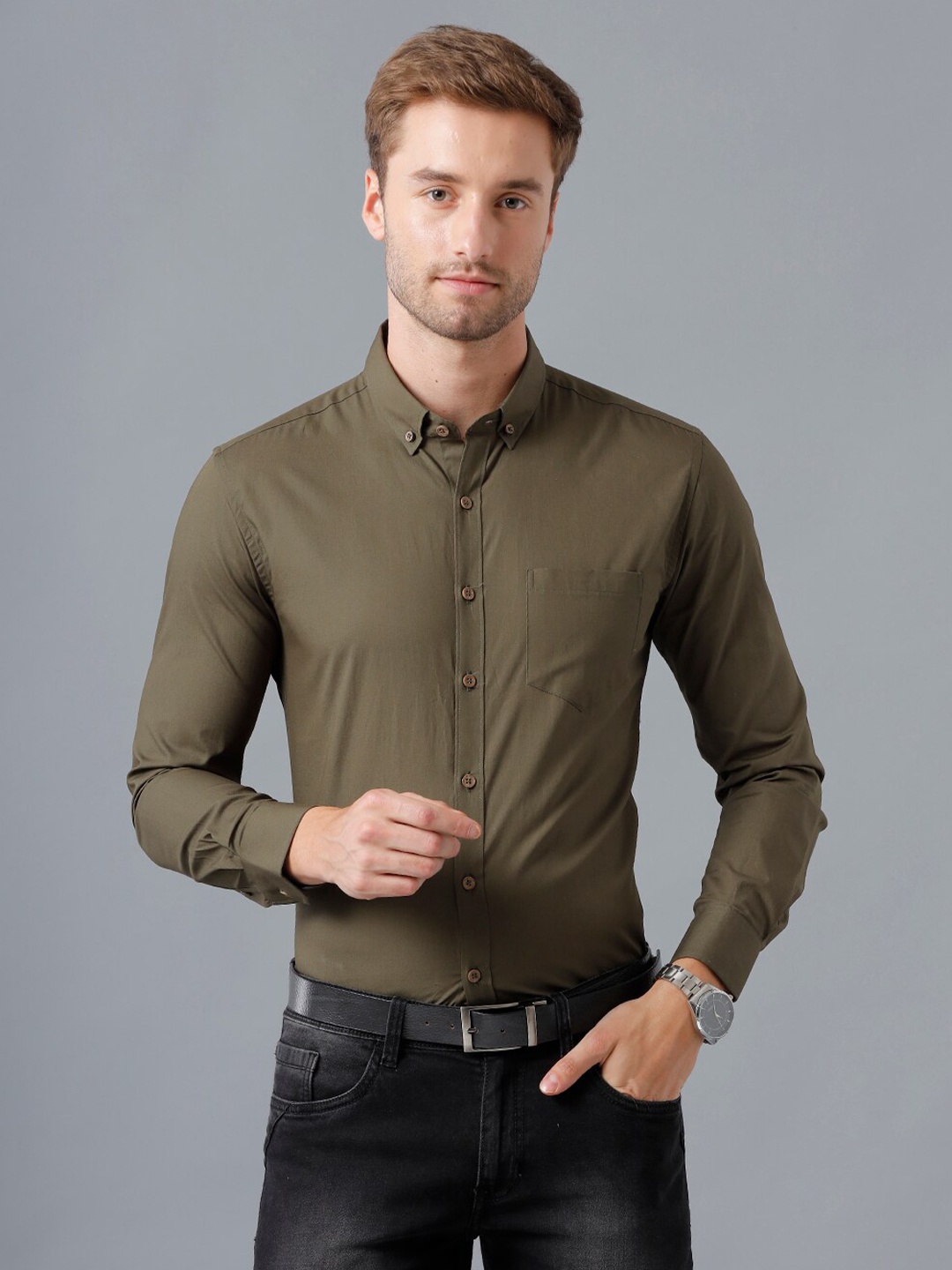 

YOVISH Men Smart Slim Fit Formal Cotton Shirt, Olive
