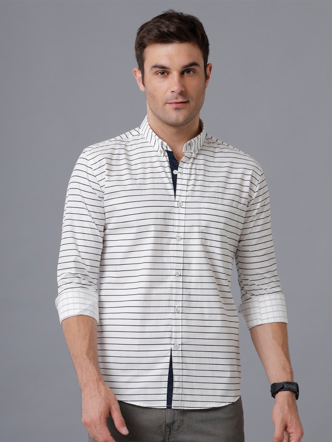

YOVISH Men Cotton Premium Slim Fit Horizontal Stripes Casual Shirt, White
