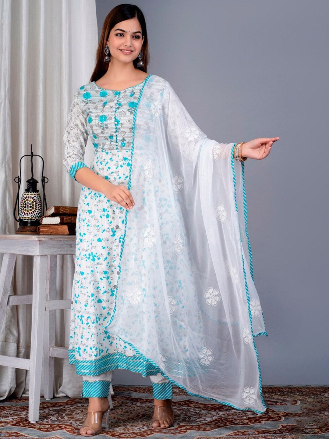 UNISETS Women Floral Printed Mirror Work Kurta with Trousers & Dupatta, White