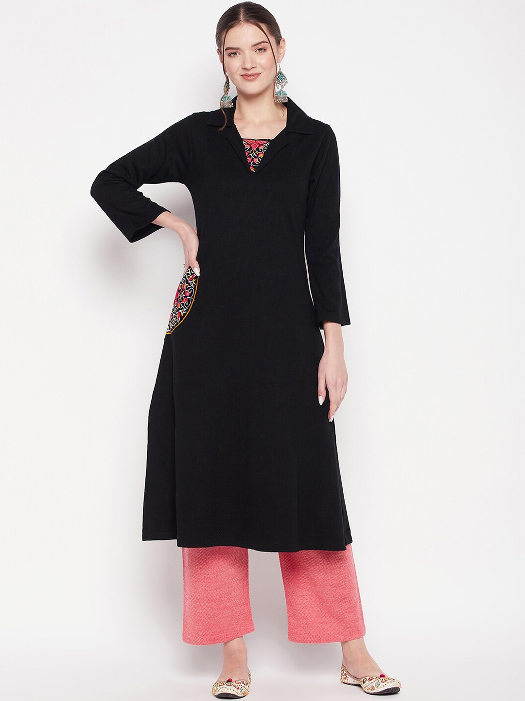 

Zigo Winter Wear Women Ethnic Motifs Embroidered Thread Work Kurta, Black