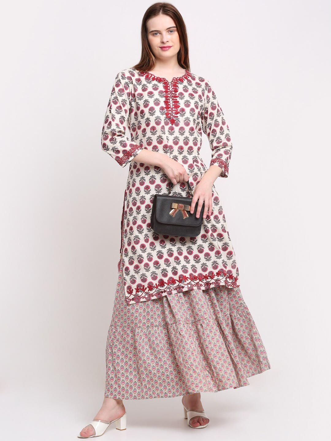 

Assamica Women Floral Printed Thread Work Kurta with Skirt, Beige
