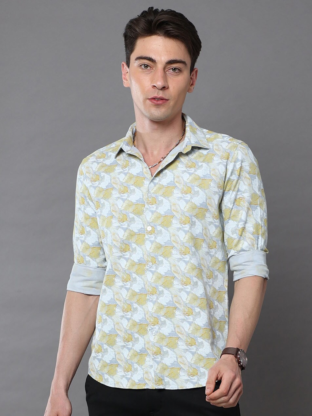 

Bushirt Men Classic Floral Printed Pure Cotton Casual Shirt, Yellow